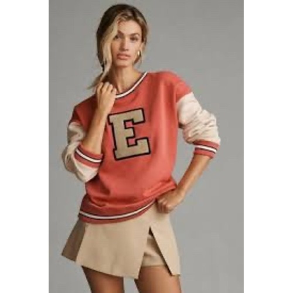Ena Pelly Womens Varsity Letterman E Patch Sweatshirt Coral Cream USA 12